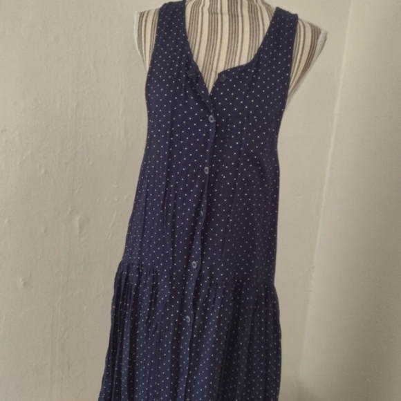 Vintage Anegada's Navy Polka Dot Drop Waist Sleeveless Midi Dress Size L - Picture 8 of 15
